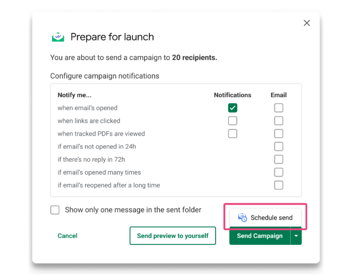 Schedule send option at Mailsuite