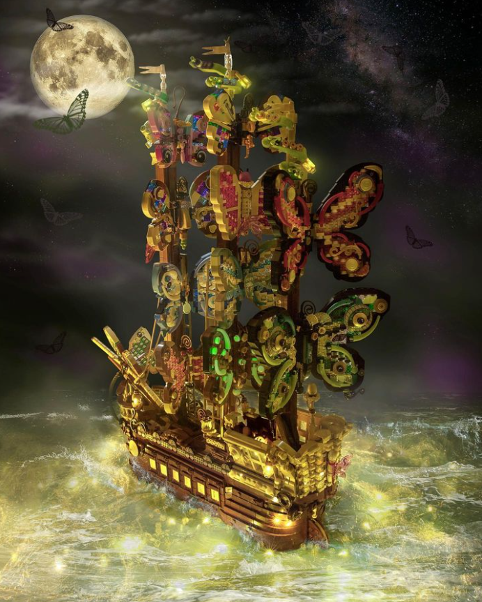 A beautiful LEGO creation of a majestic ship with butterflies for sails, shown on a sea of lights and beneath a moon-filled sky.  The creator's note says the depiction is inspired by a painting by Vladimir Kush.