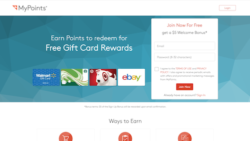The signup page on the MyPoints website featuring a $5 welcome bonus offer and gift cards you can earn, including Walmart, Starbucks, Target, and eBay.