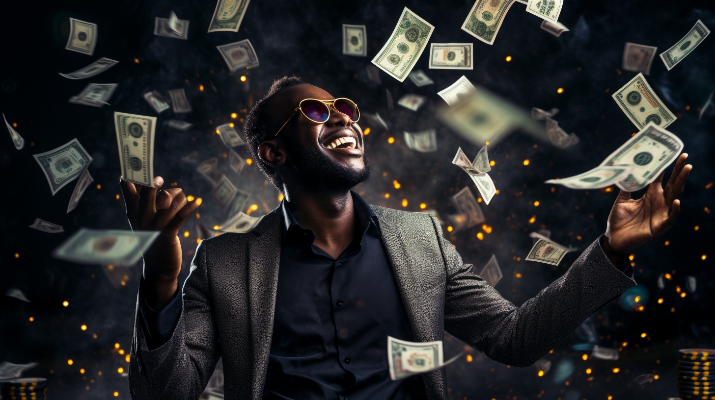 money floating in the air with a guy in glasses.