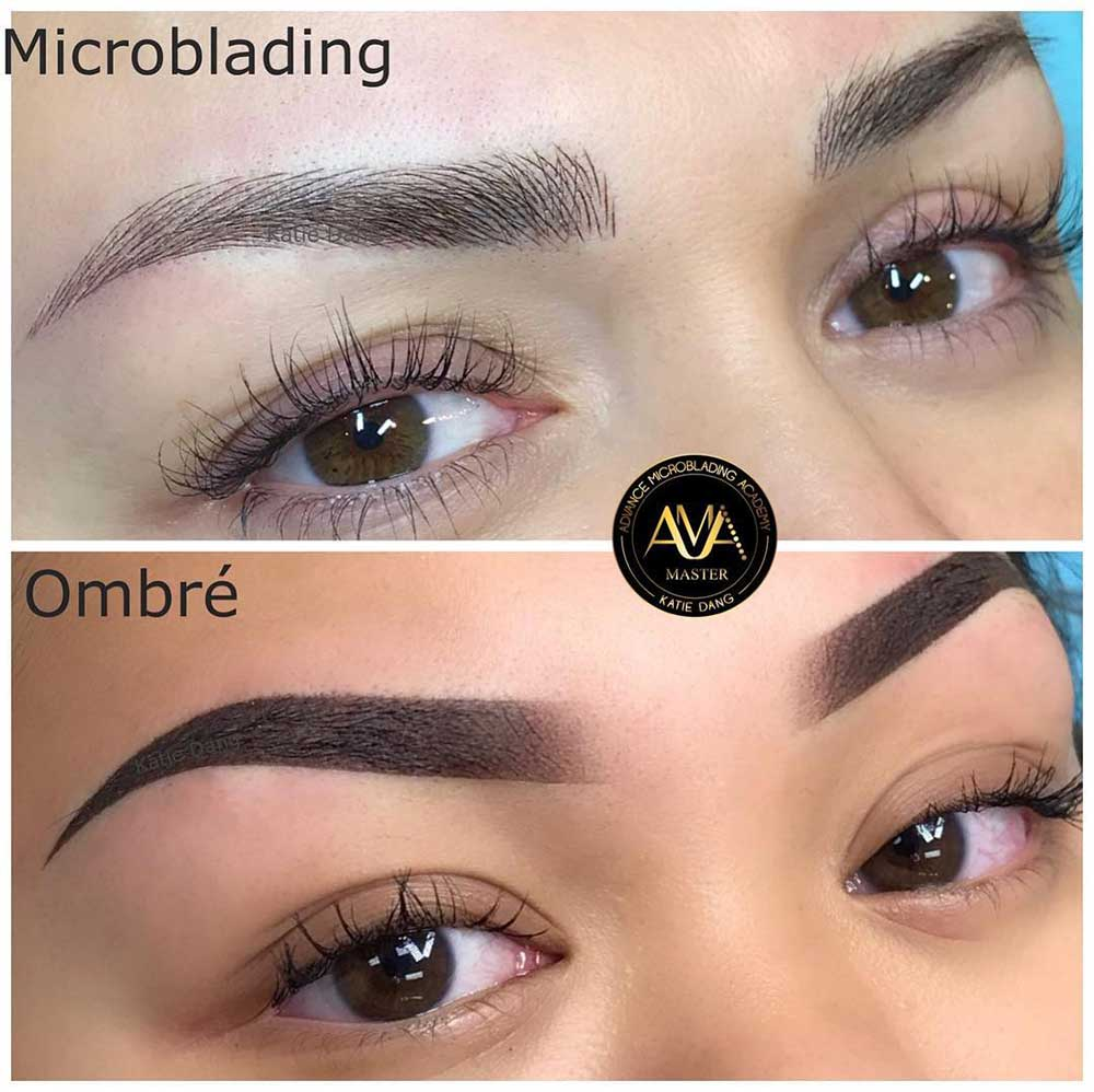 a photo mix of microblading and ombre brows 