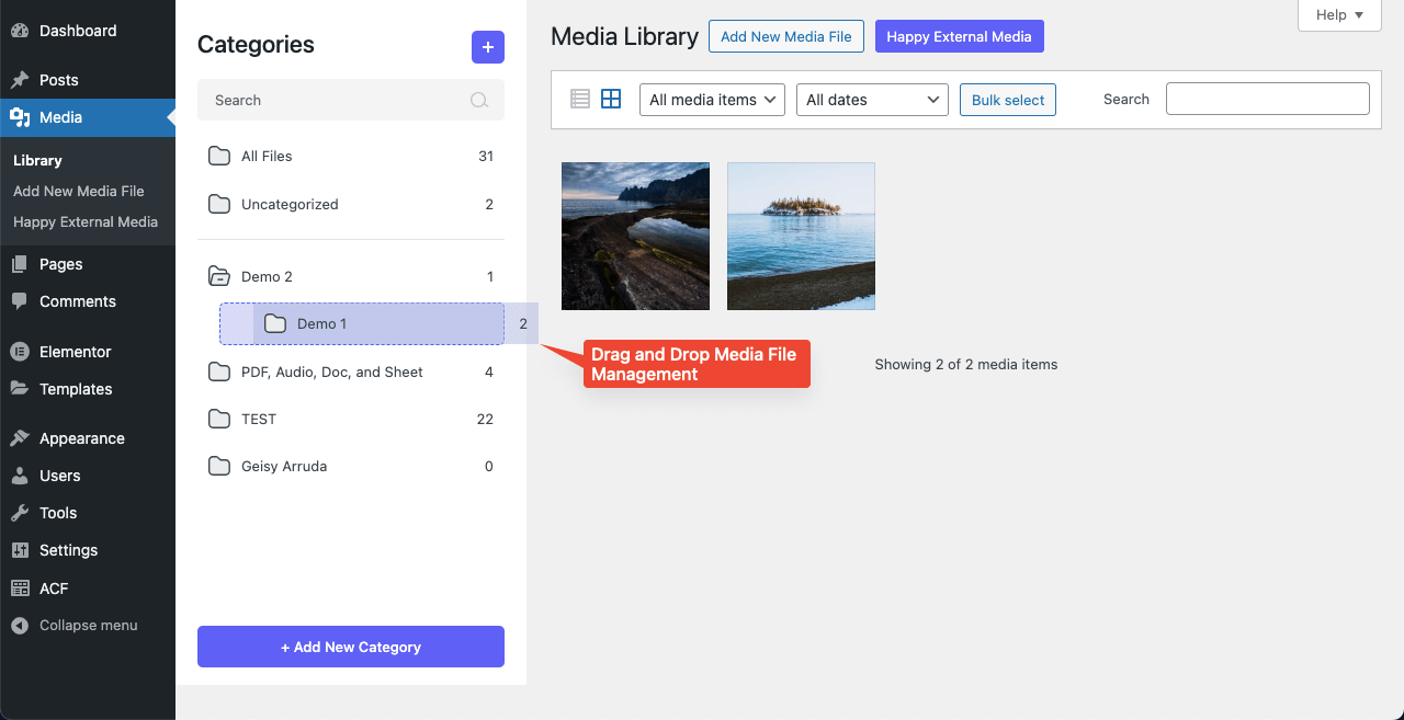 A screenshot to drag and drop media file management using Happy Media 