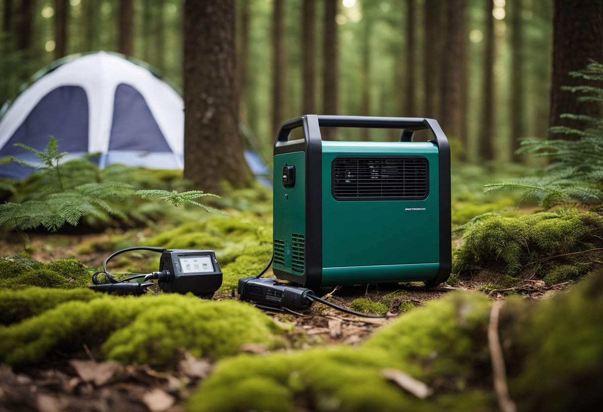 A camping generator sits on a forest floor, surrounded by trees and a tent. It is compact, with a sturdy handle and multiple outlets for charging devices