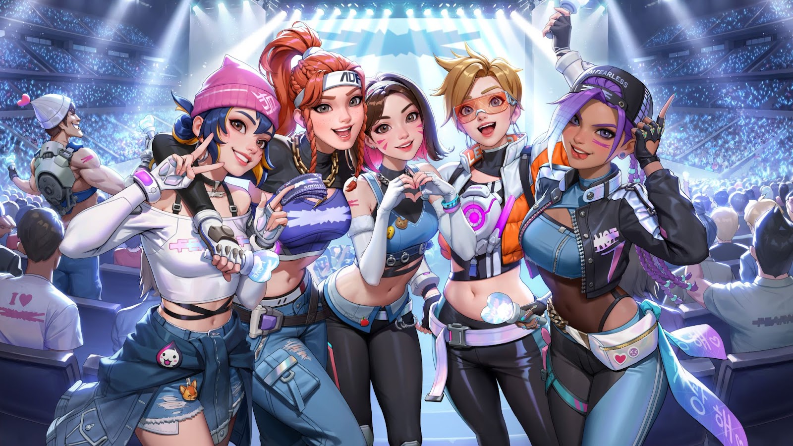 A promotional image of the characters with their new skins from the Le Sserafim x Overwatch 2 collab. 