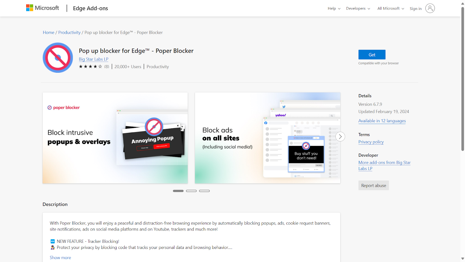 Poper Blocker Add-on for Microsoft Edge browser