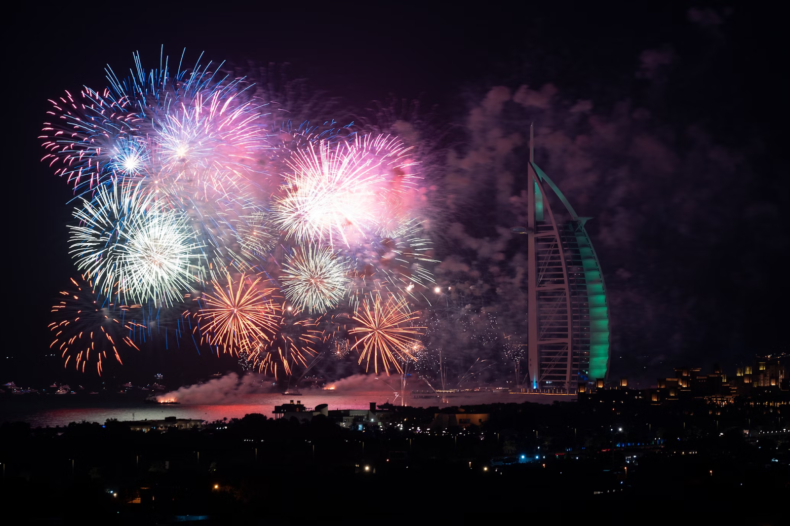 Beautiful New Year fireworks near Burj Al Arab, Dubai.