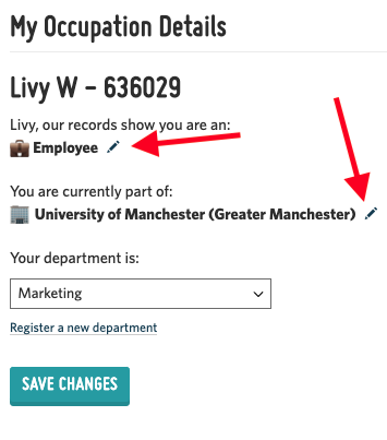 A screenshot showing the occupation tab where you can switch your employment status or your school / university