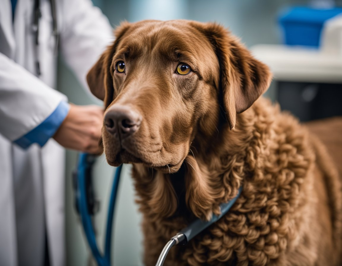 a chesapeake bay retriever getting  treatment at vet's clinic