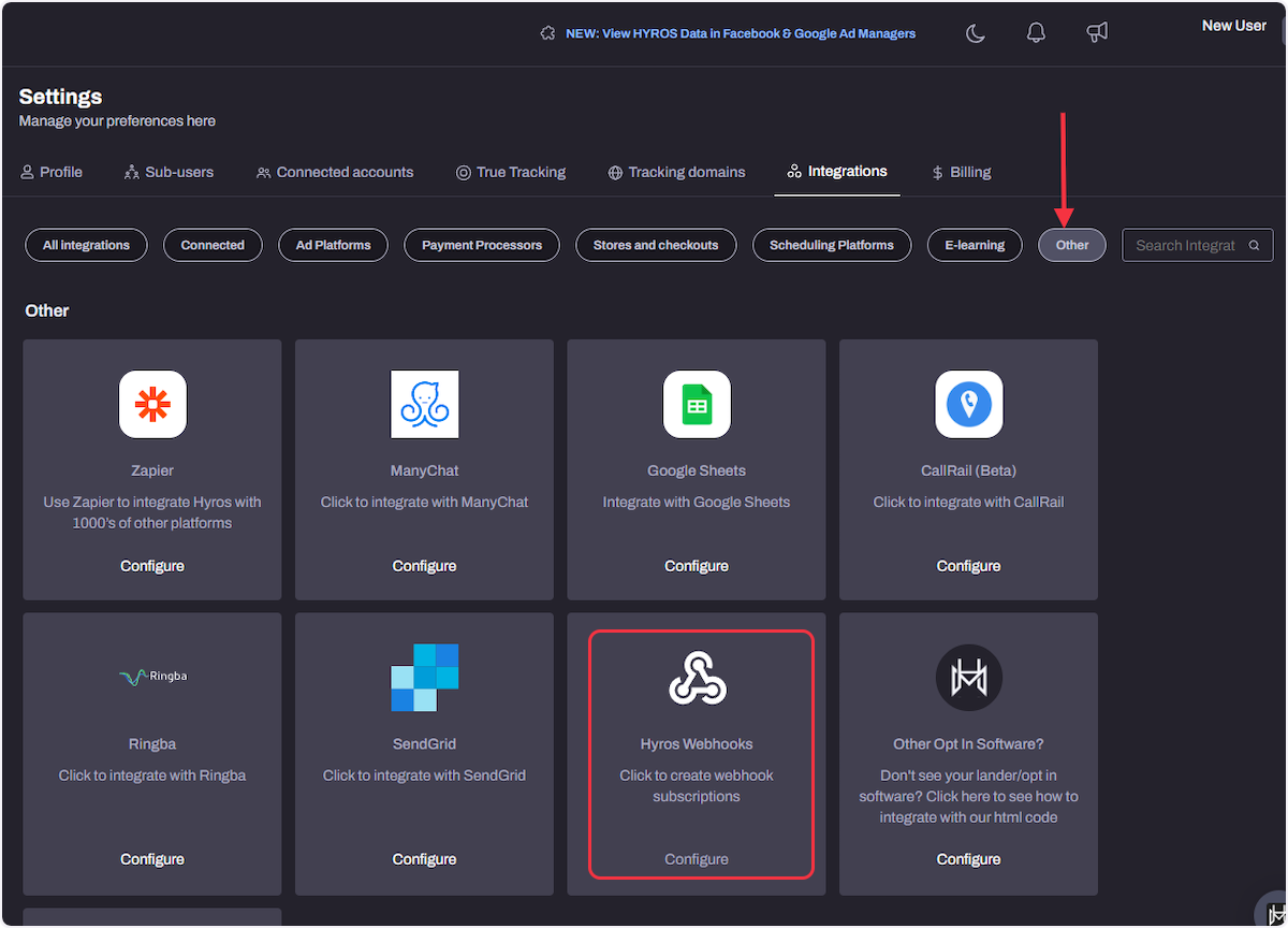 Now click on the 'Other' section and choose "Hyros Webhooks".