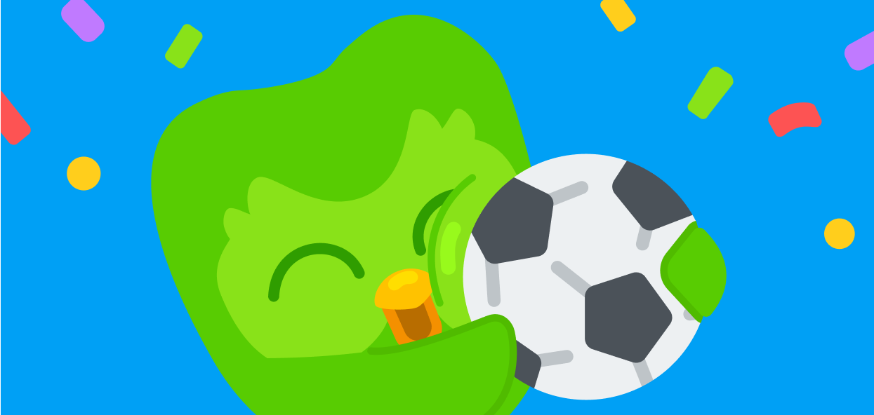 Abbildung von Duo mit einem Fußball zwischen den Flügeln, umgeben von Konfetti