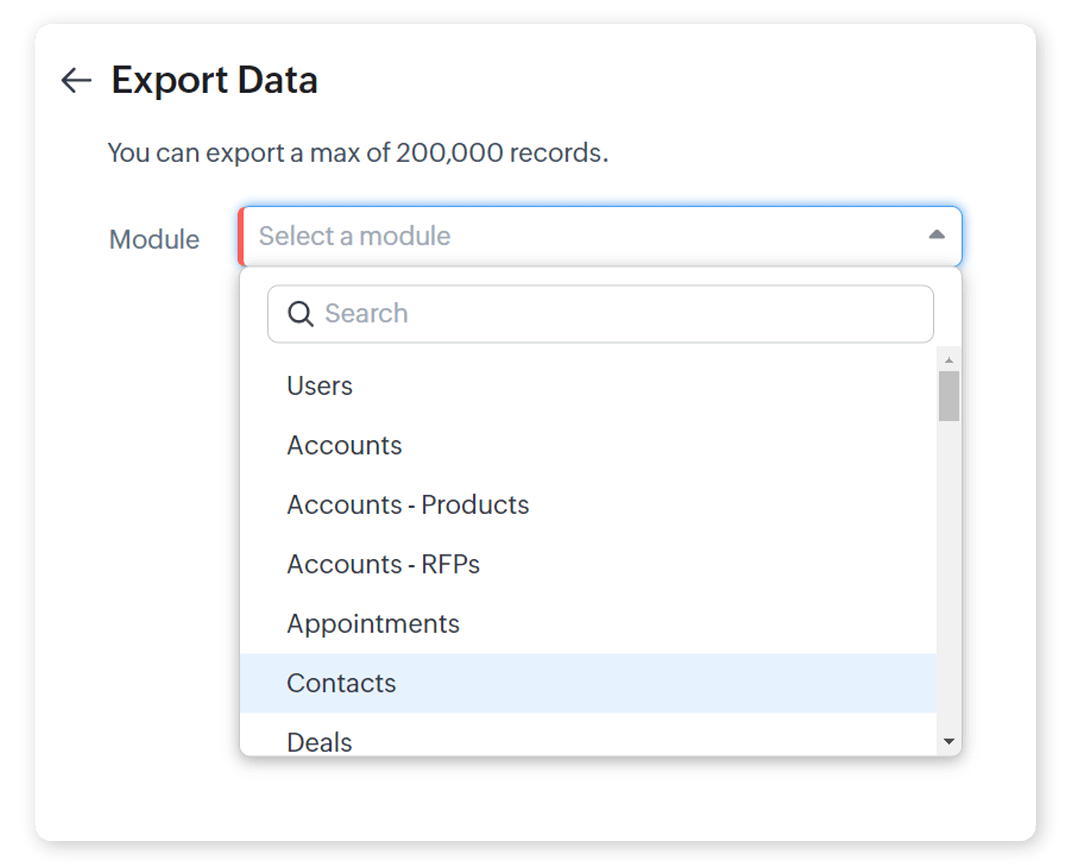 To export contacts from Zoho CRM, select 'contacts' on the module drop-down list
