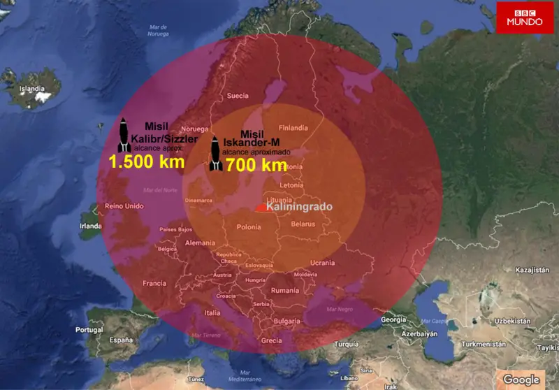 Redacción BBC Mundo
23 noviembre 2016
Alcance teórico de los sistemas de misiles instalados en Kaliningrado según fuentes consultadas por BBC Mundo