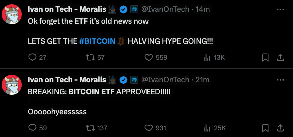 Tweet about Bitcoin ETF being approved.