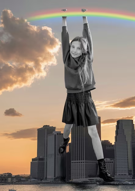 a giant little girl hanging from a rainbow around skyscrapers