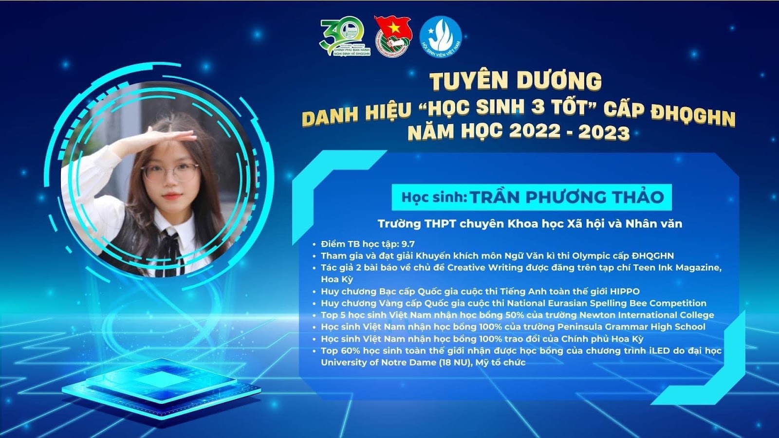 Học sinh Trần Phương Thảo đạt danh hiệu “Học sinh 3 tốt” năm học 2022 - 2023 cấp Đại học Quốc gia Hà Nội