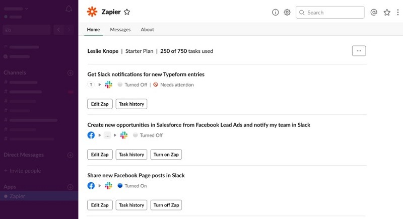 One example of how Zapier exposes product consumption within Slack. (Source: 