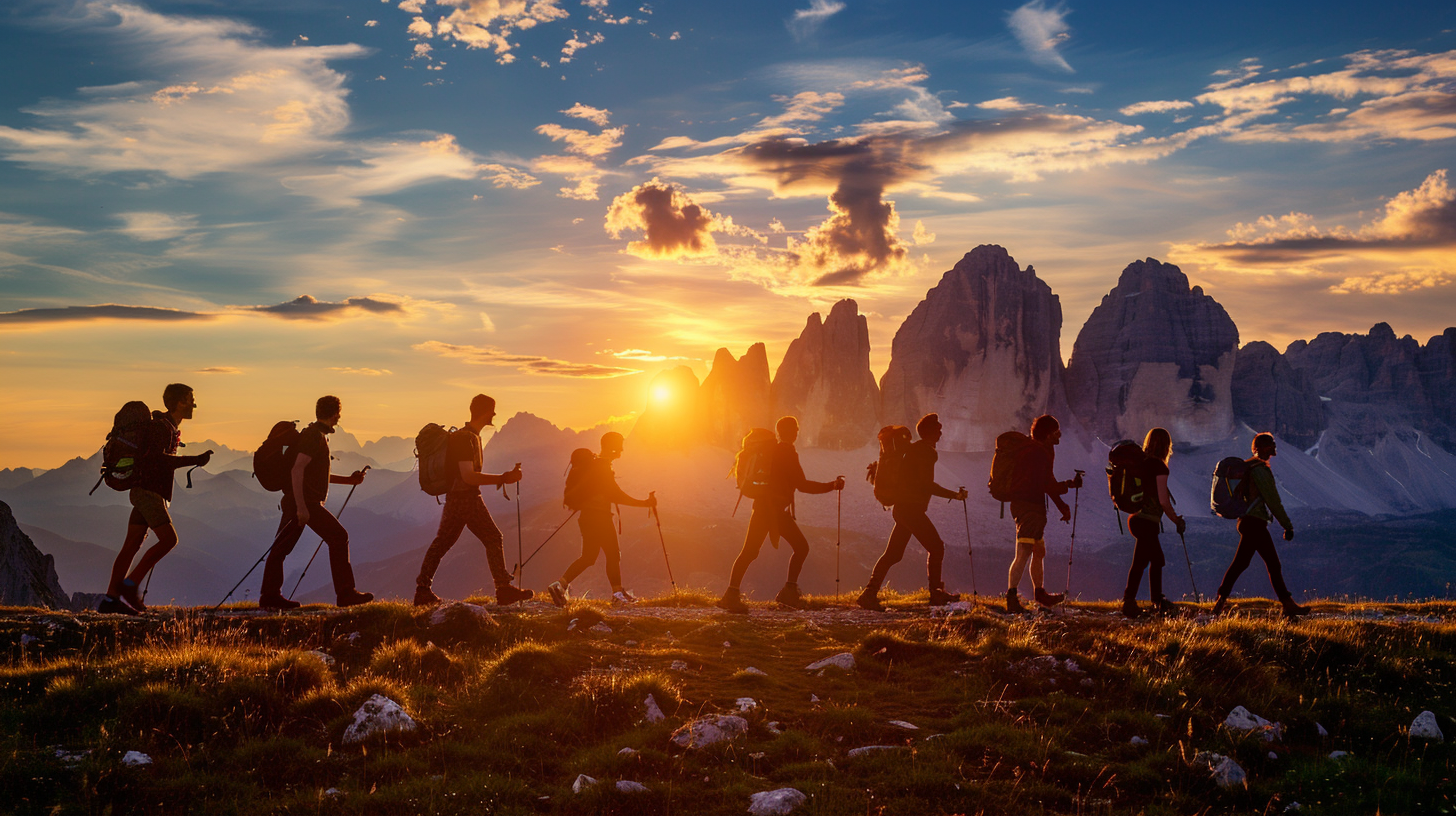 Silhouetted hikers traverse the breathtaking trails of the Dolomites, Italy, as the setting sun wraps the vast mountain landscape in a golden embrace.