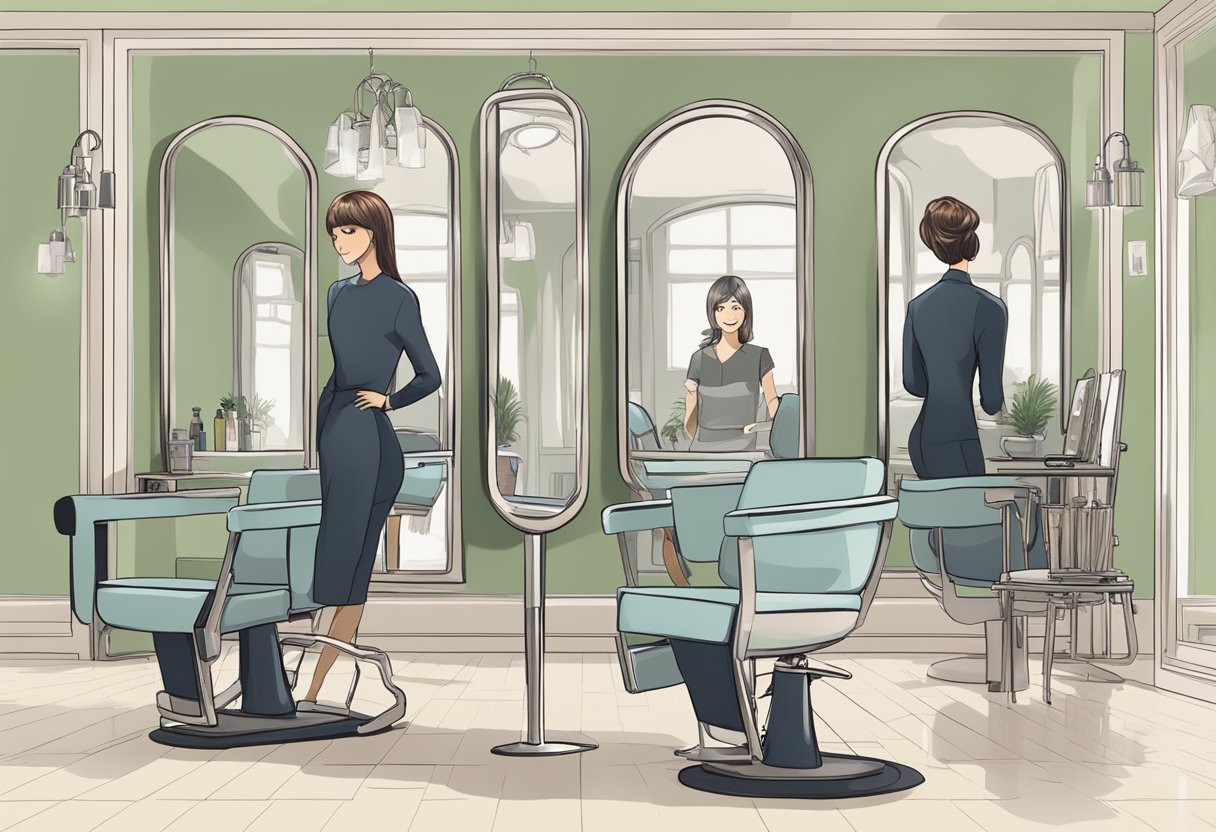 A salon chair with a wig stand, price list, and a satisfied customer admiring their new wig in the mirror