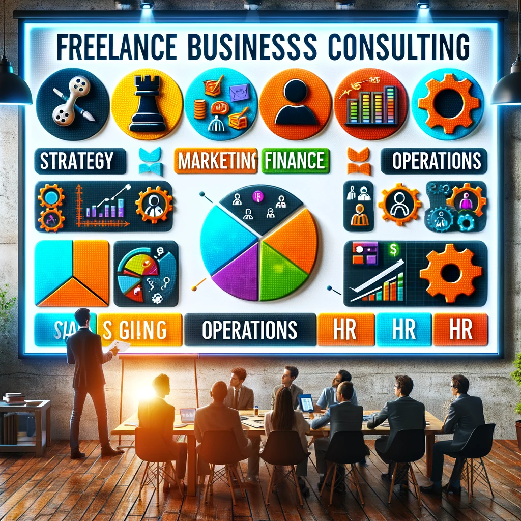 A group of professionals discussing business strategies and ideas for freelance consulting.