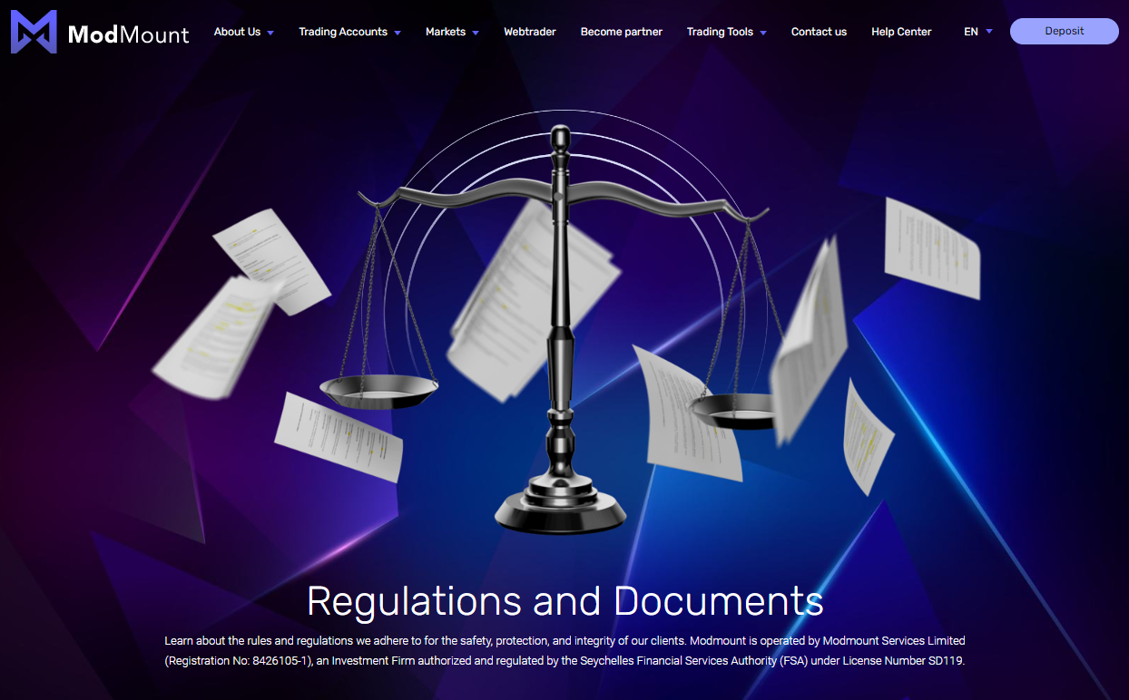 Regulations and legal documents page, protecting traders from potential scams and fraud.