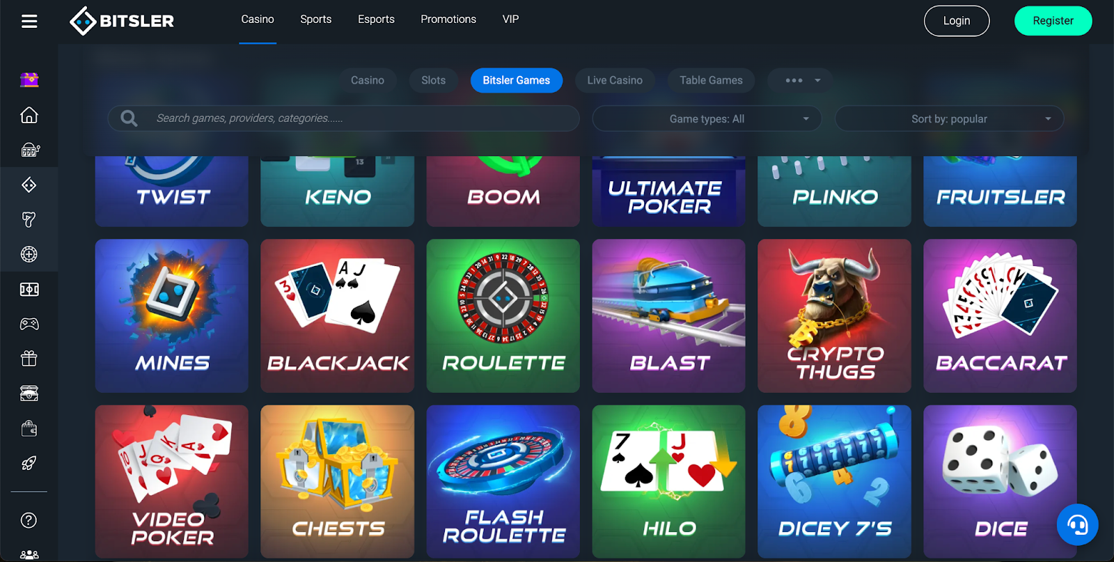 A screenshot of Bitsler Casino’s Games section.