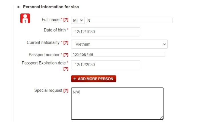 Vietnam E-visa for India citizens - personal information