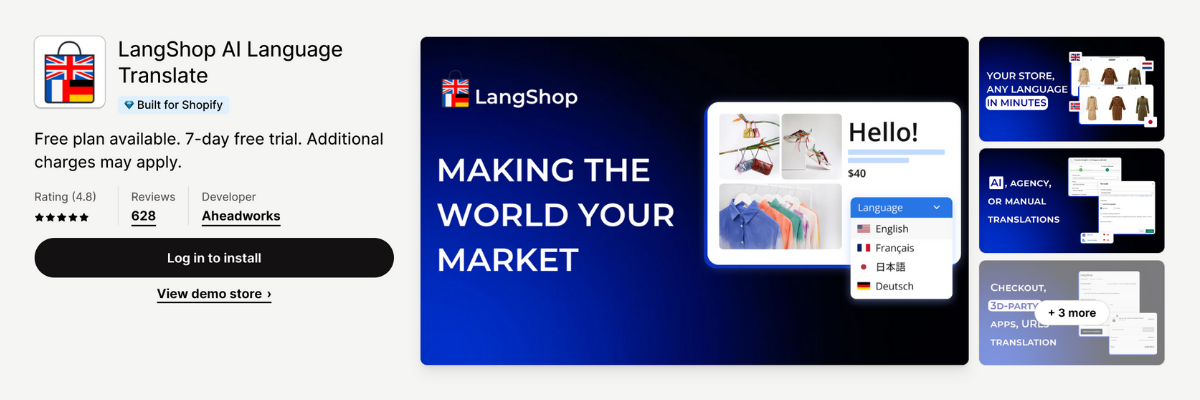 shopify app store listing page of LangShop AI Language Translate