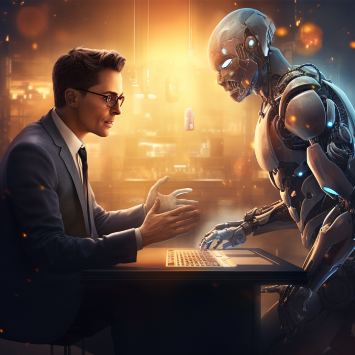 A human businessman and an AI assistant discussing strategies at a computer terminal.