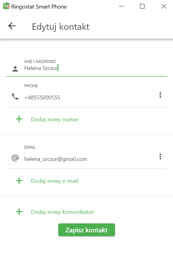Ringostat, mini-CRM, edytowanie kontaktu