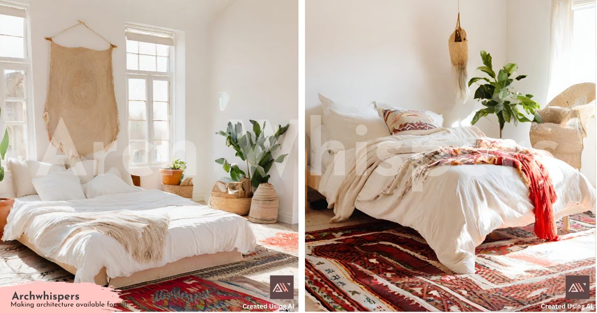 A Minimal Bedroom With a White Bed and a Coloured Rug