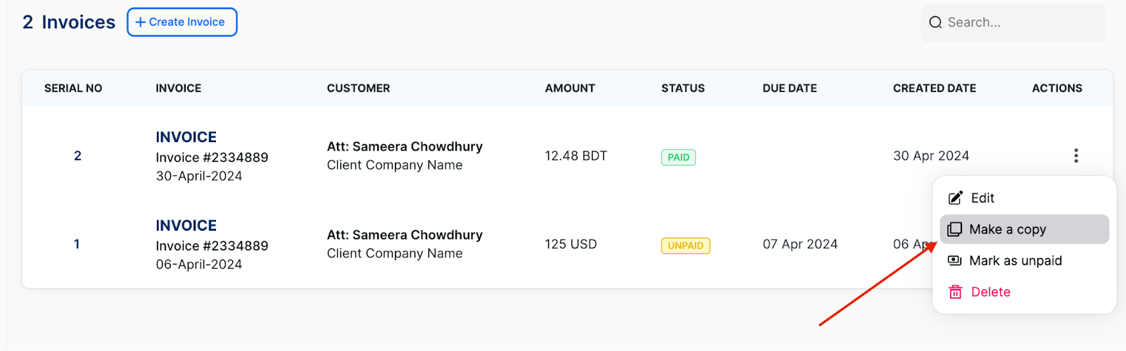 duplicate invoices