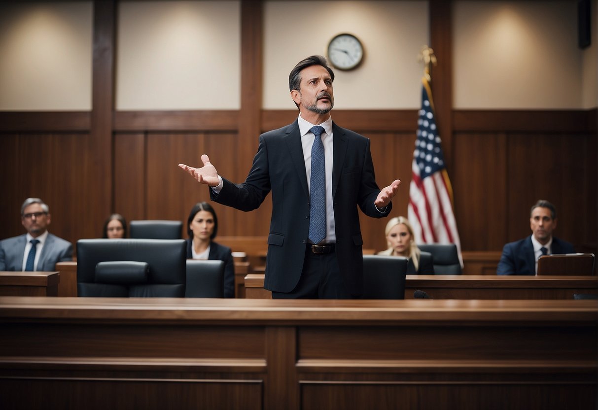 A courtroom with a confident lawyer presenting a case to the judge and jury. The attorney is standing in front of a large desk, gesturing and speaking passionately