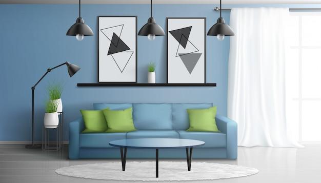 Comfortable house or apartment living room 3d realistic vector modern interior with soft sofa, glass coffee table, paintings on wall, white carpet on laminate floor, large window illustration