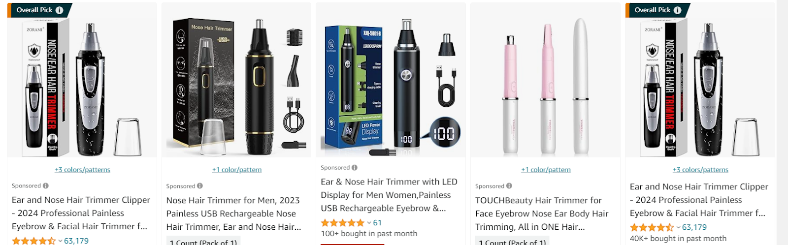 A variety of hair trimmers displayed, highlighting their prices and store ratings.