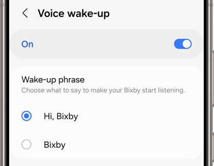 Bixby Voice wake-up settings with Hi, Bixby selected