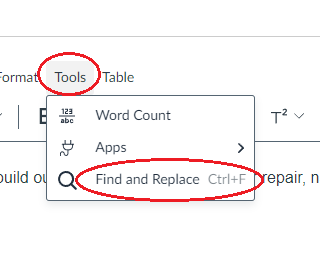 Find and Replace tool in Canvas's Rich Content Editor toolbar.
