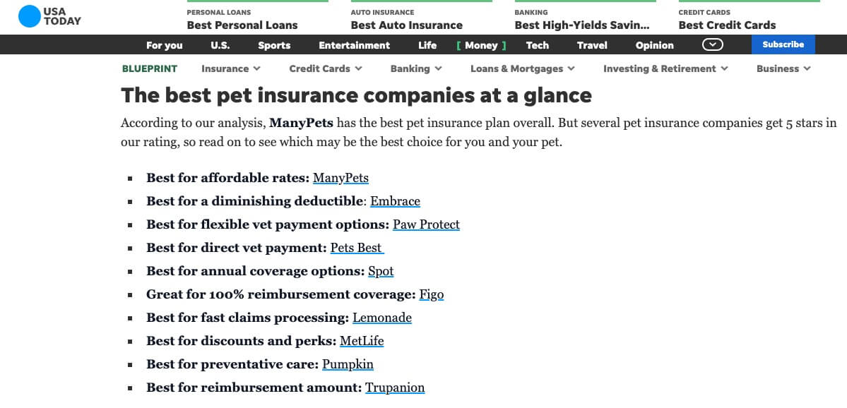 Example USA Today roundup of top pet insurance companies.