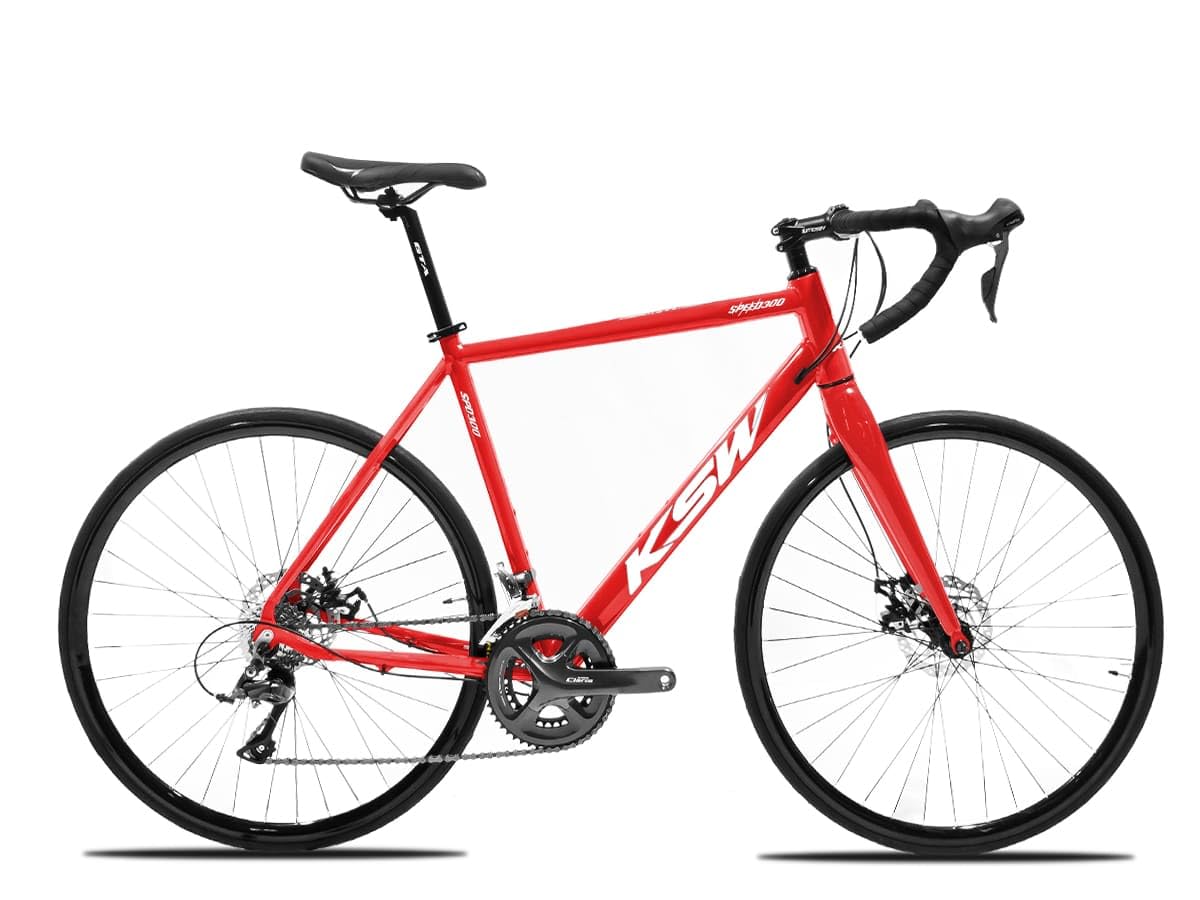 Bicicleta Speed Road Aro 700 KSW Inteira Shimano Claris 2x8 Freio Disc Flat Garfo Rigido Cassete 11-28D Vermelho com Branco 52