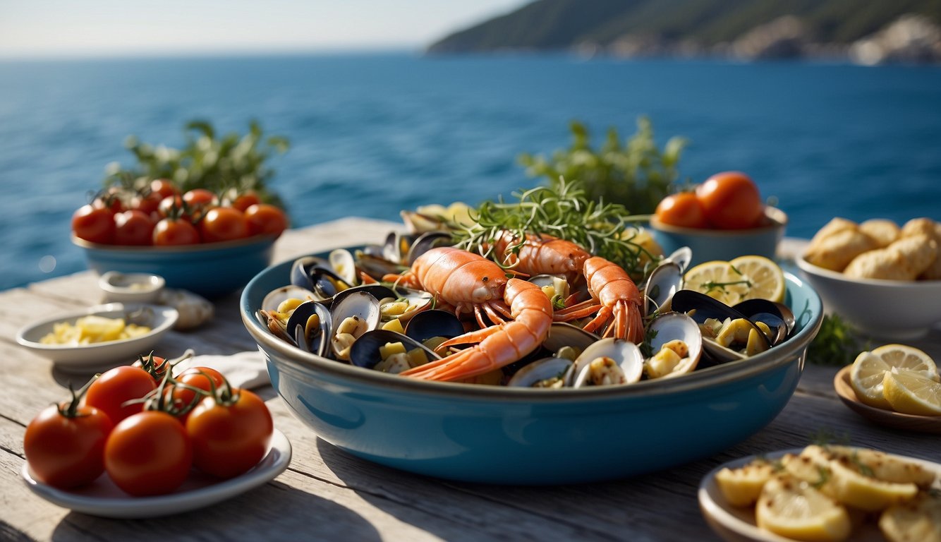 A table set with fresh seafood, herbs, olive oil, and tomatoes, surrounded by the blue waters of the Mediterranean Sea