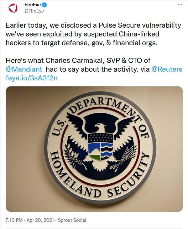 Tweet do FireEye sobre a vulnerabilidade do Pulse Secure.