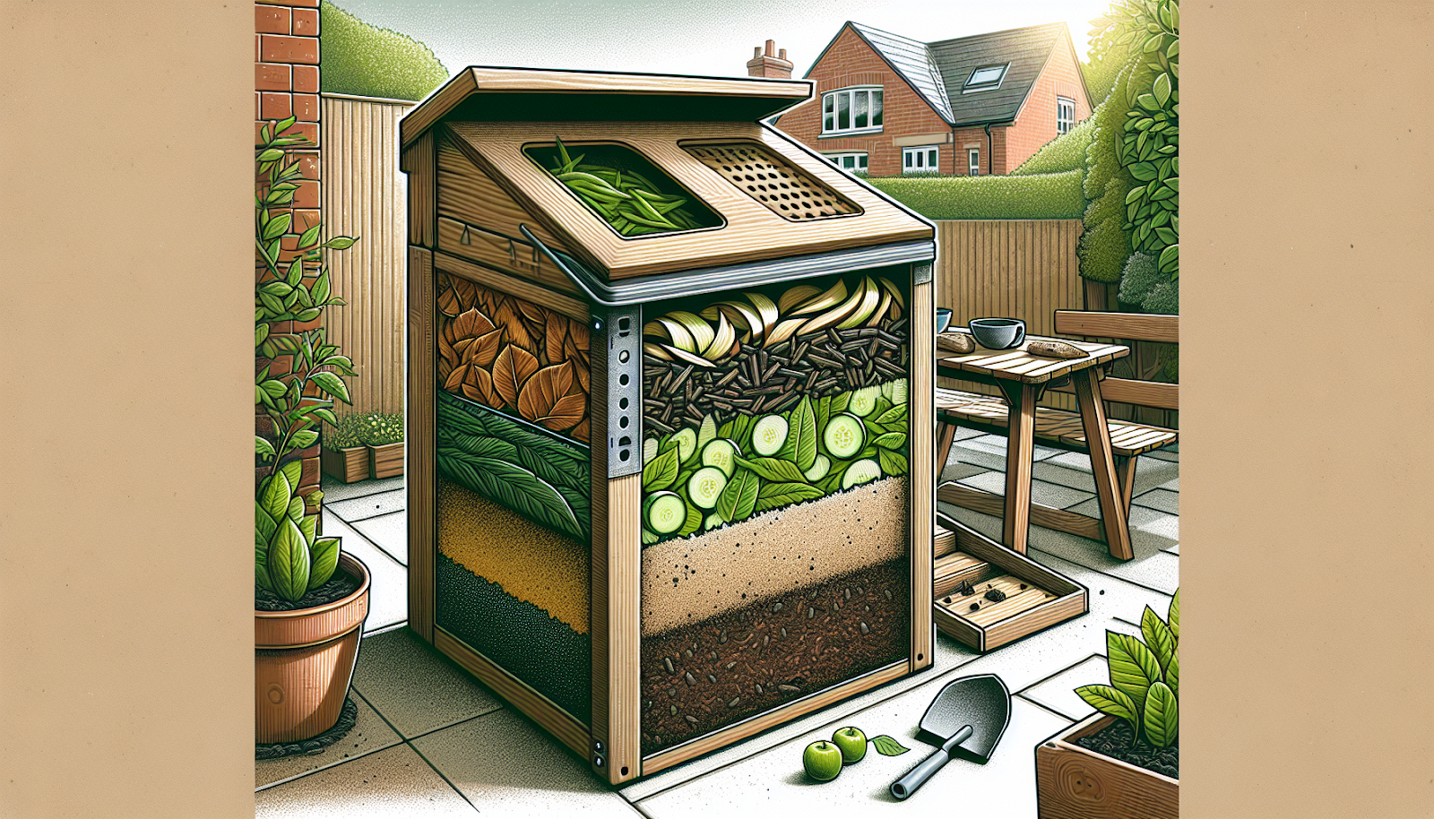 Illustration of a home compost bin setup with proper aeration and materials balance