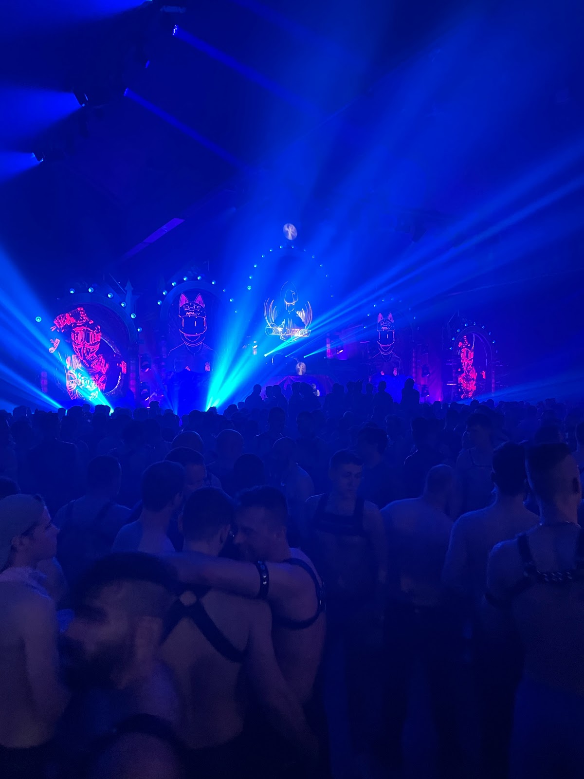 Darklands 2024 gay event party photo showing  the light show and crowd of shirtless sweaty males dancing and fucking