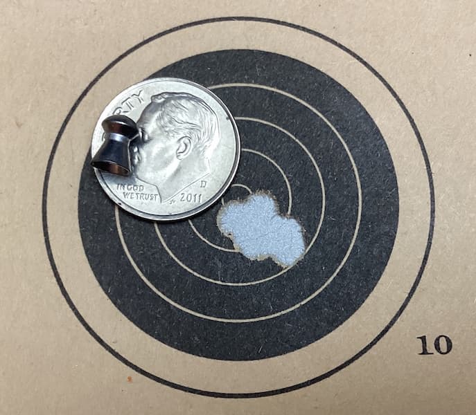 the 8.7 gr group stayed together creating a hole in the target smaller than a dime. 