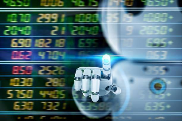 cute artificial intelligence robot with stock market Financial technology concept with 3d rendering cute robot analyze stock market roboforex stock pictures, royalty-free photos & images