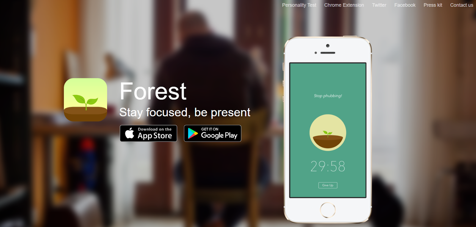 Forest homepage, with image of phone with app