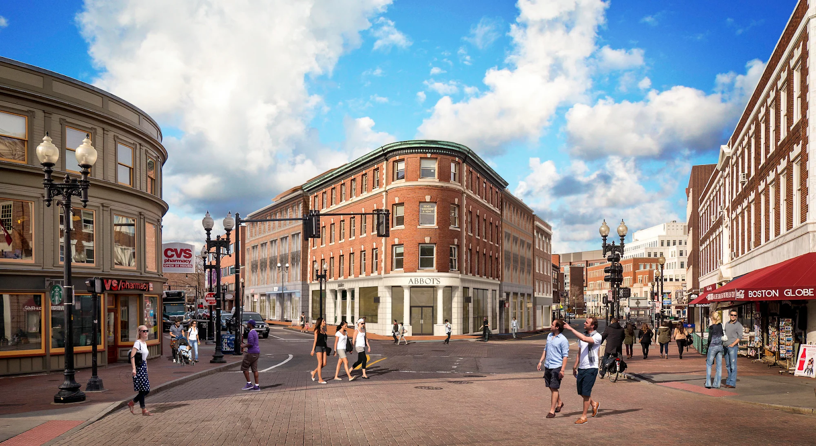 Pedestrians walk around the shopping complex surrounding the historic The Abbot building