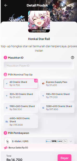 isi ID akun, pilih nominal top up, dan metode pembayaran