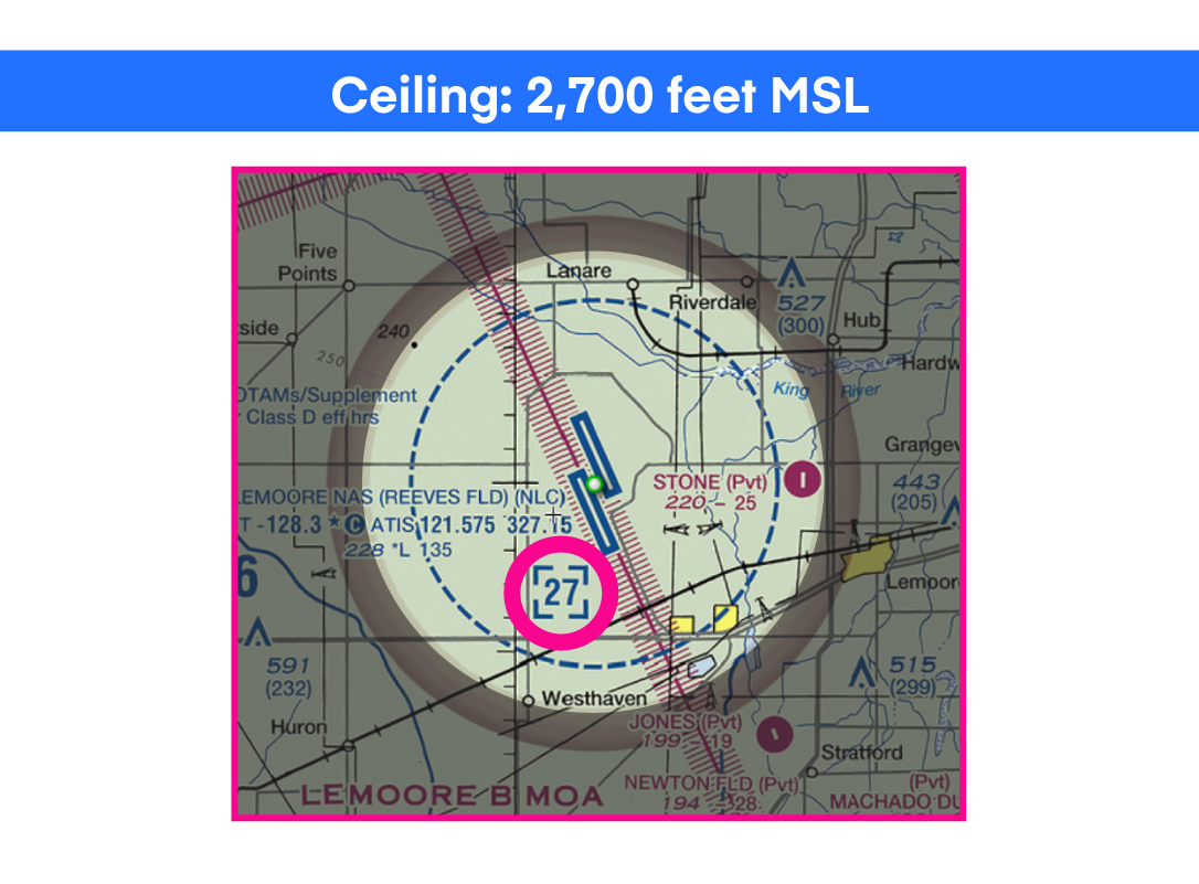 Sectional chart depicting a Class D airspace ceiling of 2,700' MSL.