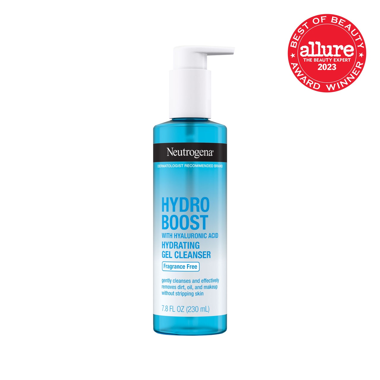 Neutrogena Hydro Boost Hydrating Gel Cleanser, Fragrance Free turquoise bottle of facial cleanser with white pump on white background with red Allure BoB seal in the top right corner