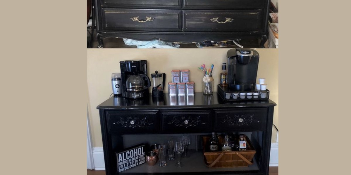 A dresser repurposed to a home coffee bar
